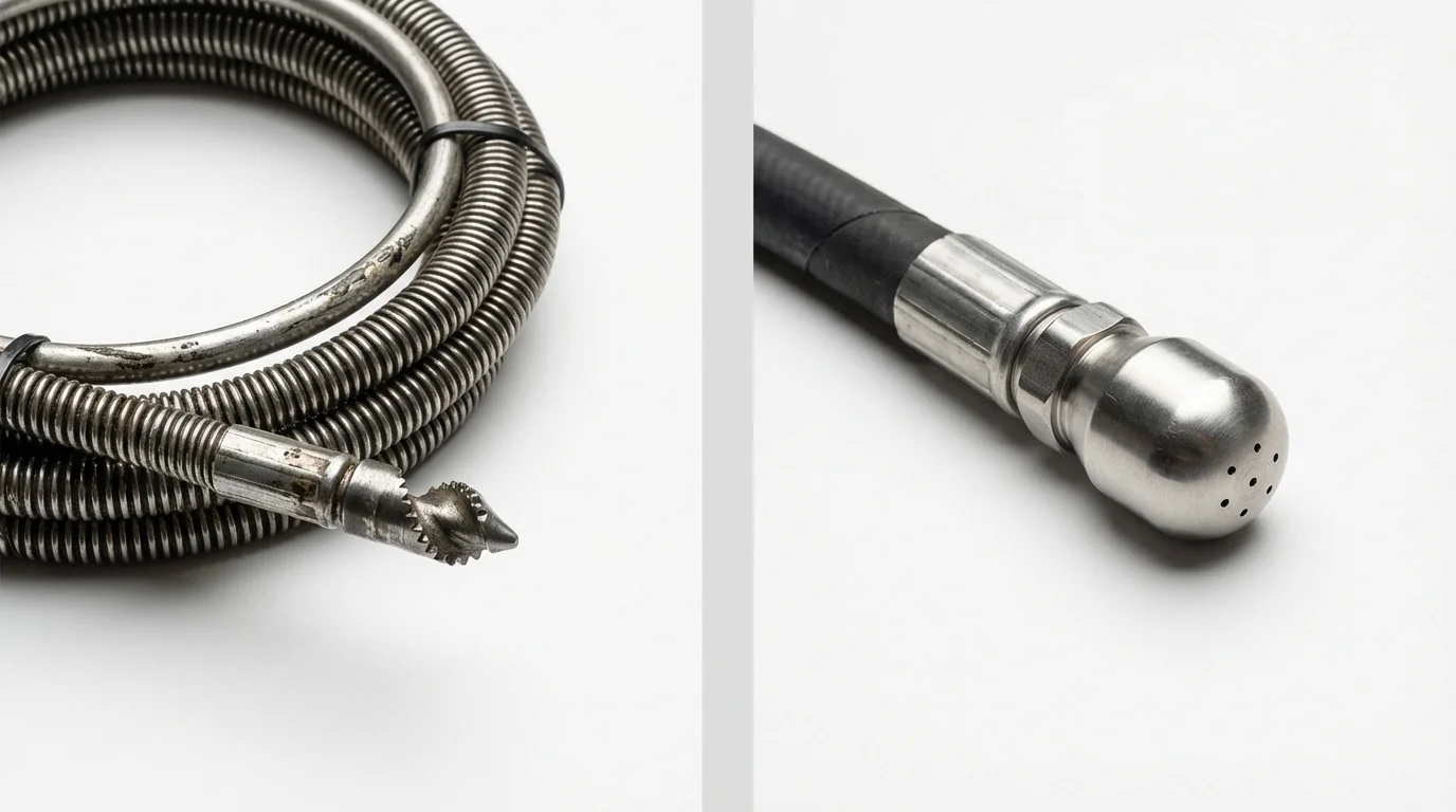Drain snake cable and hydro jetting nozzle used for drain cleaning in Lakewood, WA