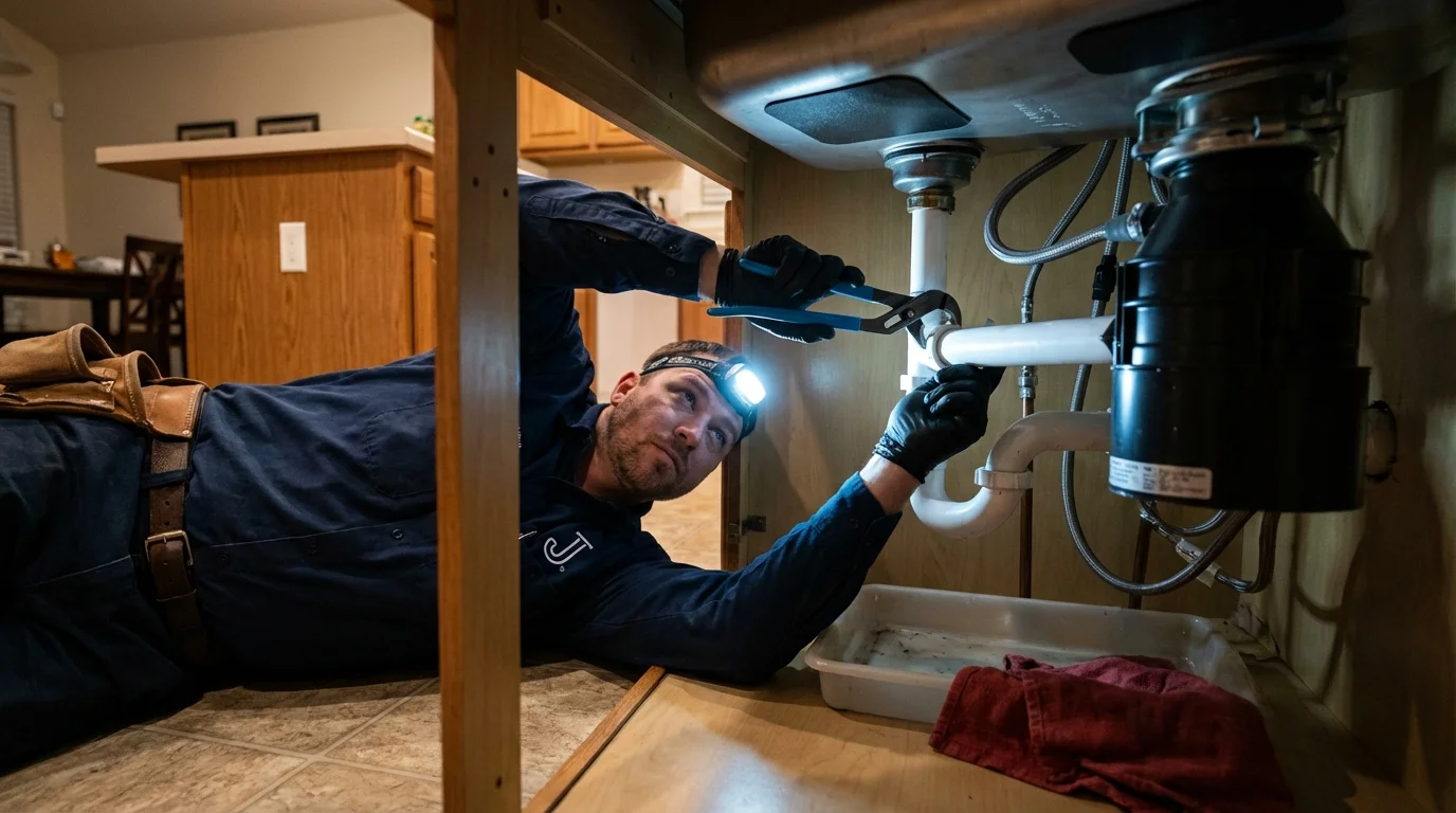 P-trap and supply line connections under a kitchen sink showing a common leak point in Lakewood, WA